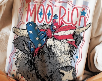 Moo Rica Png, 4th of July Highland Cow Png, American Highland Cow Coquette Png, Girly USA Flag PNG, Independence Day Png, Memorial Day Shirt