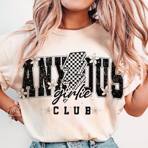 Club de chicas ansiosas PNG, Chica ansiosa Png, Asuntos de salud mental png, Archivos png de ansiedad, Chica divertida png, camisa de chica png, Moda png