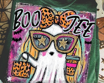 Boo Jee Leopard Print Ghost PNG, preppy Halloween Coffee Ghost Shirt Design, Boujee Ghost PNG for Cricut, Cute Spooky Season png brushstroke