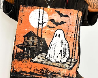 Fantasma espeluznante de Halloween (PNG), fantasma vintage (PNG), Halloween preppy (PNG), calabaza vintage (PNG), fantasma de camisa retro de Halloween (PNG), vibraciones espeluznantes