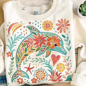 Boho Floral dauphin PNG, été enfant en bas âge Png, dauphin Png, plage Png, animal été Png, dessins de sublimation nautique, pêcheur esthétique Png