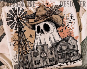 Smalltown ghost western ghost Png, Spooky Cowboy Ghost Png, Floral Autumn Western Cow Shirt Design, Country Halloween Boo Ghost Png