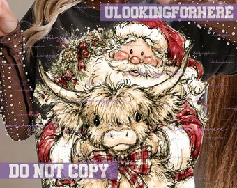 Christmas cute Highland Cow and santa hug png, Western Christmas png, Merry xmas png, cow girl design png, Aesthetic Christmas png