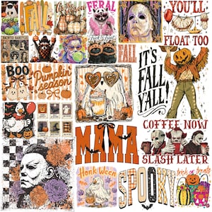 May include: A collection of Halloween-themed graphic designs featuring pumpkins, ghosts, horror movie characters, and ducks. Text includes 'FALL', 'YOU'LL FLOAT TOO', 'IT'S FALL YALL', 'MAMA', 'COFFEE NOW SLASH LATER', 'SPOOKY', and 'HONK WEEN'.
