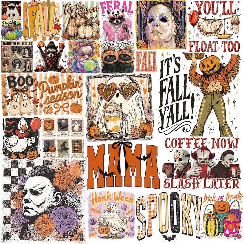 May include: A collection of Halloween-themed graphic designs featuring pumpkins, ghosts, horror movie characters, and ducks. Text includes 'FALL', 'YOU'LL FLOAT TOO', 'IT'S FALL YALL', 'MAMA', 'COFFEE NOW SLASH LATER', 'SPOOKY', and 'HONK WEEN'.