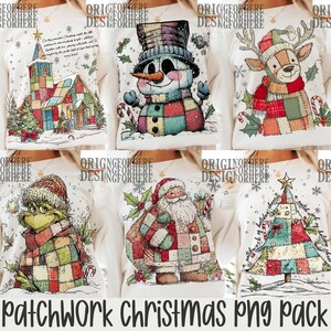 Könnte beinhalten: Weiße Langarmshirts mit Patchwork-Designs zum Thema Weihnachten. Die Designs umfassen eine Kirche, einen Schneemann, ein Rentier, den Grinch, den Weihnachtsmann und einen Weihnachtsbaum. Der Text "PATCHWORK CHRISTMAS PNG PACK" befindet sich unten.