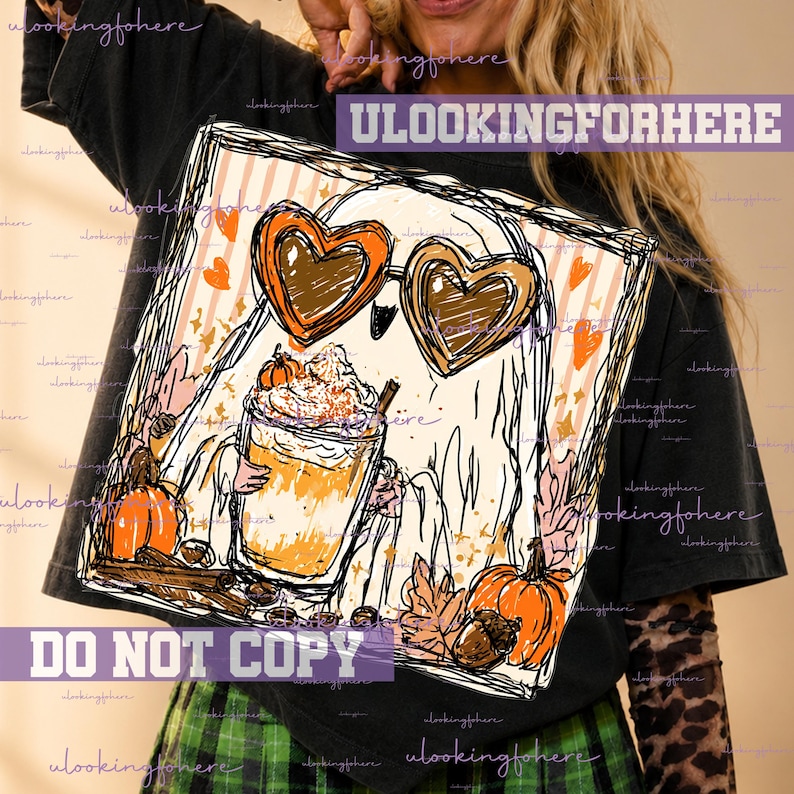 May include: A black t-shirt featuring a graphic illustration of a ghost wearing heart-shaped sunglasses and holding a pumpkin spice latte. The design includes orange pumpkins, autumn leaves, and cinnamon sticks on a striped background.