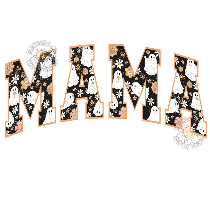 Pu&ograve; includere: Design retr&ograve; con la parola &laquo;MAMA&raquo; ornata da illustrazioni di fantasmi bianchi e motivi floreali. Le lettere sono bordate di arancione su sfondo nero. Il design ha un tema vintage di Halloween.