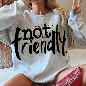 May include: Gray sweatshirt with black lettering that says "not friendly".