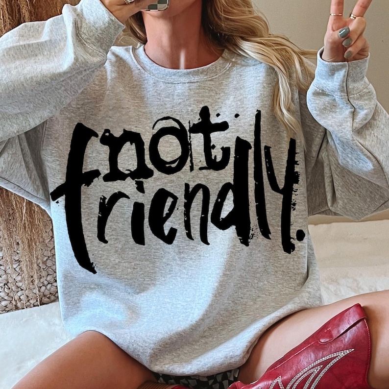 May include: Gray sweatshirt with black lettering that says "not friendly".