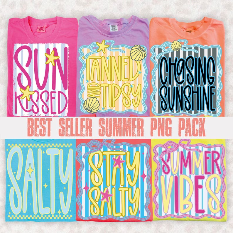 Puede incluir: Seis camisetas de colores brillantes con dise&ntilde;os de verano. Las camisetas son de color rosa, lila y naranja, con frases como "Sun Kissed", "Tanned and Tipsy" y "Chasing Sunshine". Tambi&eacute;n se ve el texto "Best Seller Summer PNG Pack".