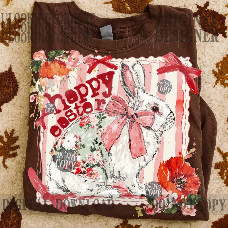 K&ouml;nnte beinhalten: Ein braunes Langarmshirt mit einem wei&szlig;en Hasen mit rosa Schleife und Blumenmuster. Die Worte "Happy Easter" sind rot, mit Blumen- und Schleifenakzenten. Das Shirt hat einen Rundhalsausschnitt.