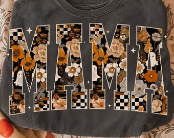 Mamá de Halloween PNG Mamá de Halloween divertida PNG, fantasma floral PNG Mamá espeluznante coqueta Mamá Camisa de Halloween PNG Mamá espeluznante aterradora a cuadros popular