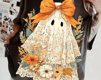 Fantasma de Halloween de otoño con encaje PNG, Calabaza rosa femenina PNG, Lazo floral de otoño PNG, Halloween PNG, Ambiente otoñal PNG, Temporada espeluznante PNG popular ahora