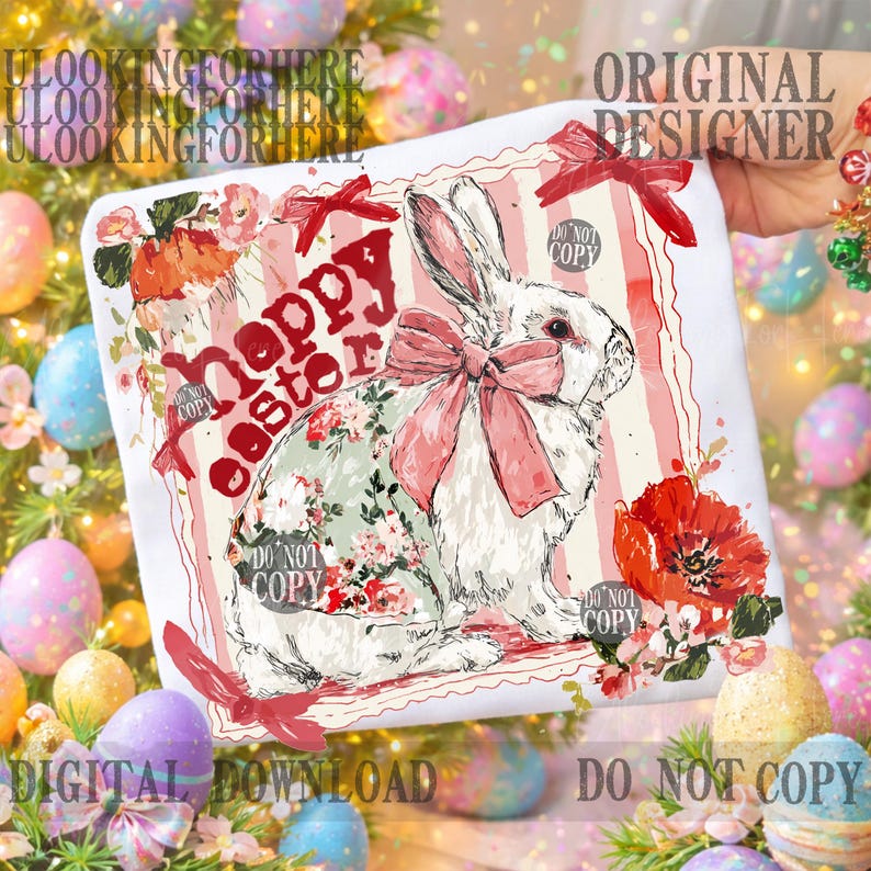 K&ouml;nnte beinhalten: Ein wei&szlig;es quadratisches Kissen mit einem Ostermotiv im Vintage-Stil. Es zeigt einen wei&szlig;en Hasen mit rosa Schleife, Blumenmuster und den Schriftzug "Happy Easter". Rote Streifen und florale Elemente umrahmen das Design.