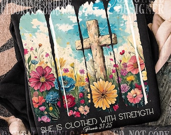 She is Clothed with Strength PNG, Wildflower Christian Png, Bible Verse Png, Brushstroke Png, Christian Boho Png, Jesus, Faith, God, Mama