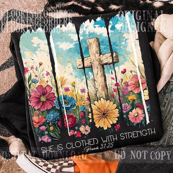 She is Clothed with Strength PNG, Wildflower Christian Png, Bible Verse Png, Brushstroke Png, Christian Boho Png, Jesus, Faith, God, Mama