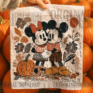 May include: A white square fabric with a fall design featuring Mickey and Minnie Mouse. The image includes pumpkins, leaves, and floral elements in brown, orange, and black. The words "DIGITAL DOWNLOAD" are visible. The overall theme is autumn.