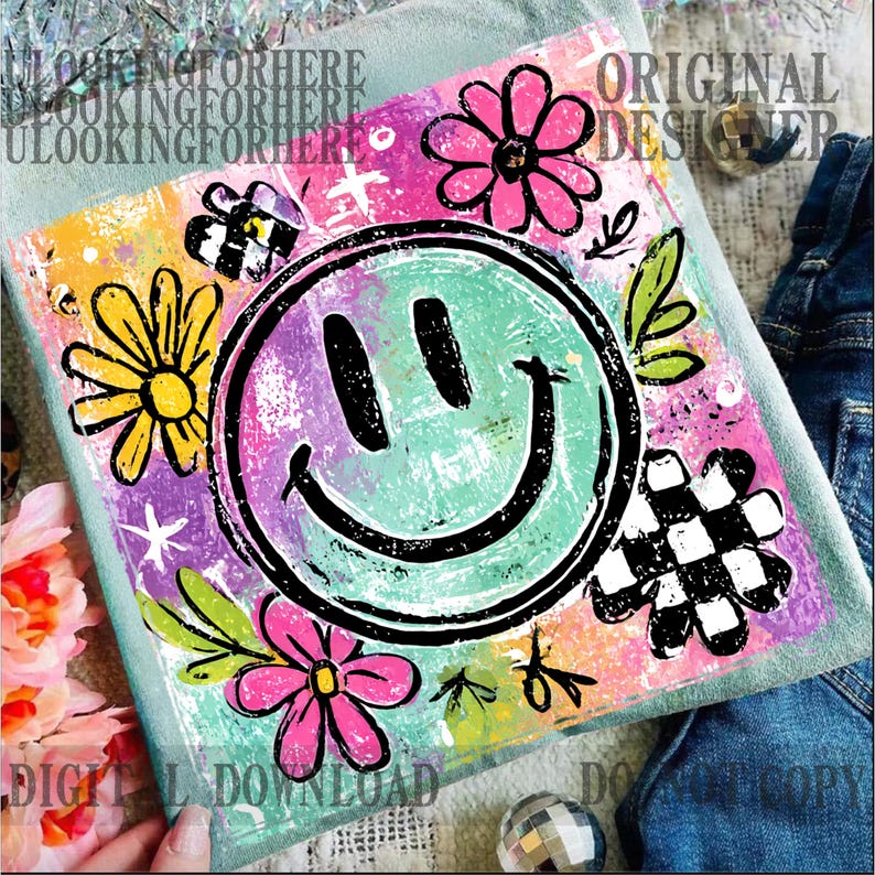 Puede incluir: Un dise&ntilde;o gr&aacute;fico colorido con una gran cara sonriente en el centro, rodeada de flores y otros elementos decorativos. El dise&ntilde;o se encuentra sobre un fondo de varios colores, incluyendo rosa, morado y amarillo. Las palabras "DIGITAL DOWNLOAD" y "U LOOKING FOR HERE" son visibles.