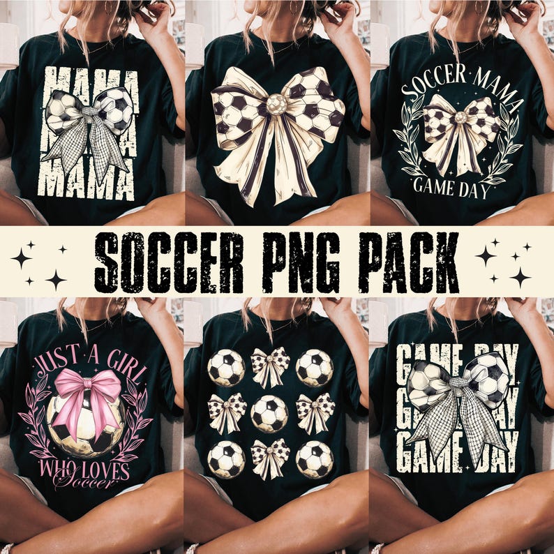 Puede incluir: Un conjunto de seis dise&ntilde;os de sublimaci&oacute;n con gr&aacute;ficos de tem&aacute;tica futbol&iacute;stica. Los dise&ntilde;os incluyen un bal&oacute;n de f&uacute;tbol blanco y negro con un lazo rosa, un bal&oacute;n de f&uacute;tbol blanco y negro con un lazo blanco y negro, y el texto "Soccer Mama Game Day".