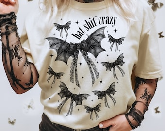 Halloween Bat shit crazy Gothic Coquette bow png, retro halloween png, trending png, Gothic png, black bow png, Gothic png, Bat png