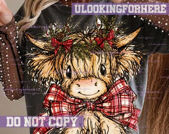 Christmas cute Highland Cow png, Western Christmas png, Merry xmas png, cow girl design png, Aesthetic Christmas png