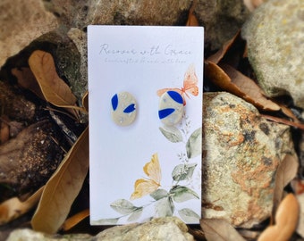 Shimmering White, Blue and Silver Oval Studs