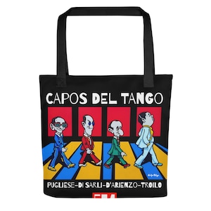 May include: Black tote bag with a white graphic of four men walking across a crosswalk. The graphic is titled "CAPOS DEL TANGO" and includes the names "PUGLIESE-DI SARLI-D'ARIENZO-TROILO".