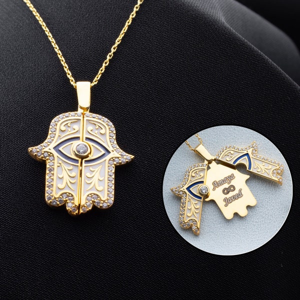 Collier Hamsa personnalisé avec nom caché, Collier main de Fatima personnalisé, Collier de protection pour la main, Charme de main de gardien, Pendentif main de Dieu