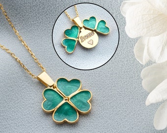 Personalized Hidden Name 4 Leaf Clover Necklace, Custom Secret Message Shamrock Necklace, Good Luck Necklace, Gift For Her, Gift For Luck