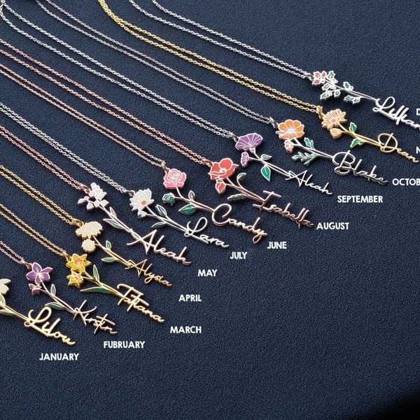 Personalized Vertical Name Necklace With Colourful Birthflower, Custom Birthflower Name Necklace, Daibty Flower Name Necklace, Birthday Gift