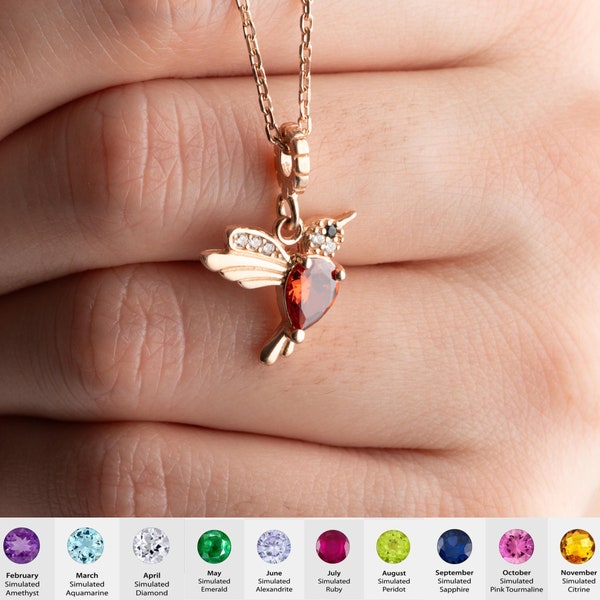 Custom Hummingbird Necklace With Birthstone, Phoenix Birthstone  Necklace, Personalized Dove Birthstone Pendant, Birthday Gift, Gift For Her