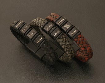 Bracelet réglable personnalisé en cuir et acier pour homme, bracelet prénoms gravés pour lui, bracelet prénom amoureux pour petit ami, cadeau père