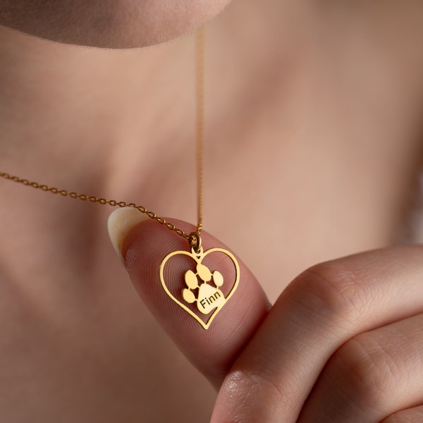 Paw Print Heart Name Necklace, Cat Paw Love Necklace, Dog Paw Heart Necklace, Pendant For Pet Moms, Pet Memorial Necklace, Pet Lovers Gifts