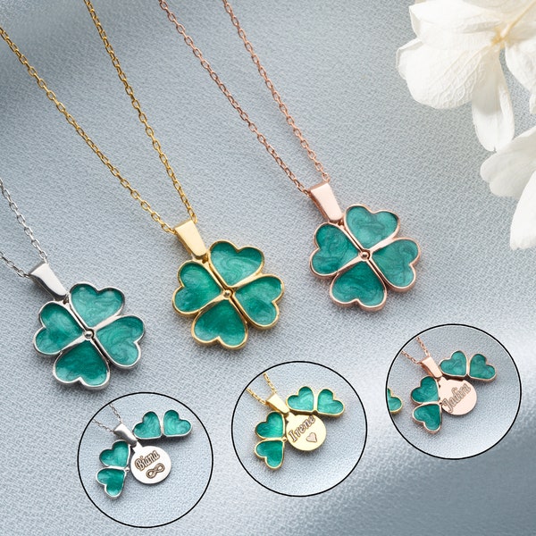 Custom Hidden Name Four-Leaf Clover Necklace, Personalized Secret Message Shamrock Necklace, Lucky Necklace, Gift For Her, Gift For Mom