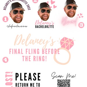Pode incluir: Um conjunto de tatuagens tempor&aacute;rias rosa e brancas com tema de despedida de solteira. As tatuagens incluem o nome da noiva, um anel e um c&oacute;digo QR que diz "Digitalize-me!" e "Compre uma bebida para a noiva!" com o logotipo do Venmo.