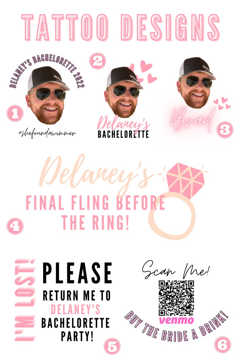 Pode incluir: Um conjunto de tatuagens tempor&aacute;rias rosa e brancas com tema de despedida de solteira. As tatuagens incluem o nome da noiva, um anel e um c&oacute;digo QR que diz "Digitalize-me!" e "Compre uma bebida para a noiva!" com o logotipo do Venmo.