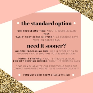 Pode incluir: Gr&aacute;fico rosa e dourado com o texto "the standard option". O gr&aacute;fico lista os tempos de processamento dos pedidos, incluindo o envio "Basic" de primeira classe, o envio priorit&aacute;rio e o envio priorit&aacute;rio expresso. O gr&aacute;fico tamb&eacute;m indica "Products ship from Charlotte, NC".