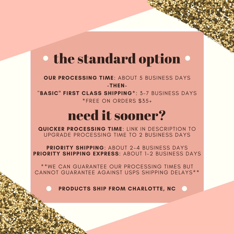 Pode incluir: Gr&aacute;fico rosa e dourado com o texto "the standard option". O gr&aacute;fico lista os tempos de processamento dos pedidos, incluindo o envio "Basic" de primeira classe, o envio priorit&aacute;rio e o envio priorit&aacute;rio expresso. O gr&aacute;fico tamb&eacute;m indica "Products ship from Charlotte, NC".