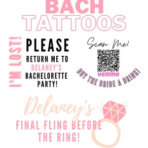 Pode incluir: Tatuagens tempor&aacute;rias rosa e pretas para despedida de solteira com o texto "I'm Lost!" e "Bach Tattoos". As tatuagens tamb&eacute;m incluem o texto "Please return me to Delaney's Bachelorette Party!" e "Delaney's - Final Fling Before The Ring!" com um gr&aacute;fico de anel de diamantes. Tamb&eacute;m est&aacute; inclu&iacute;do um c&oacute;digo QR com o texto "Scan Me! Buy the Bride a Drink! Venmo".