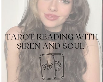 May include: Image promoting a tarot reading service. The text reads "Tarot Reading with Siren and Soul" and "Zoom Call". Two tarot cards are illustrated with an eye and a planet. The image has a soft, blurred background.
