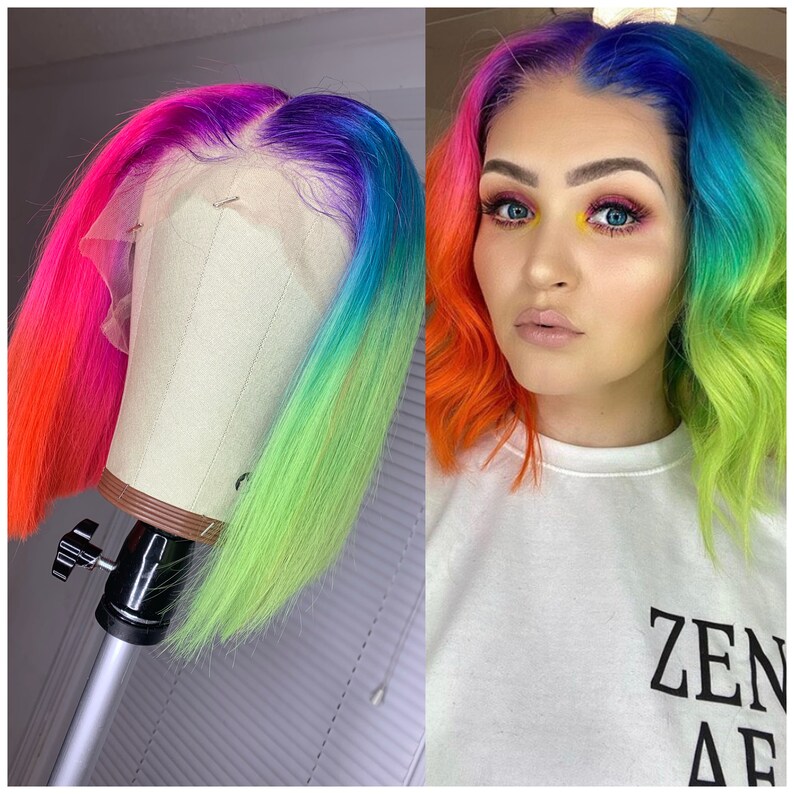 Rainbow Wig 100 Human Hair Etsy