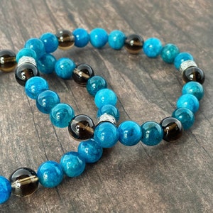 Blue Apatite and Smoky Quartz 8mm Gemstone Bracelet for Women, Healing Bracelet, Beaded Stretch Bracelet, Everyday Wear