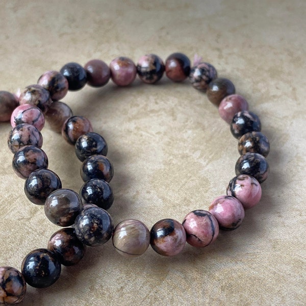 Rhodonite Gemstone Bracelet for women, Beaded stretch bracelet, Boho jewelry, Self Care, Healing bracelet, Everyday Wear, Wellness