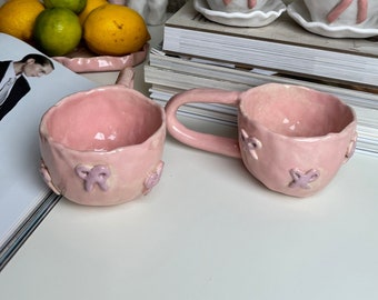 Mug with bows, cute mug with bow, pastel colour mug, aesthetic mug, mug for a girl, mug for a friend, cute mug, cup for a girl, cup with bow