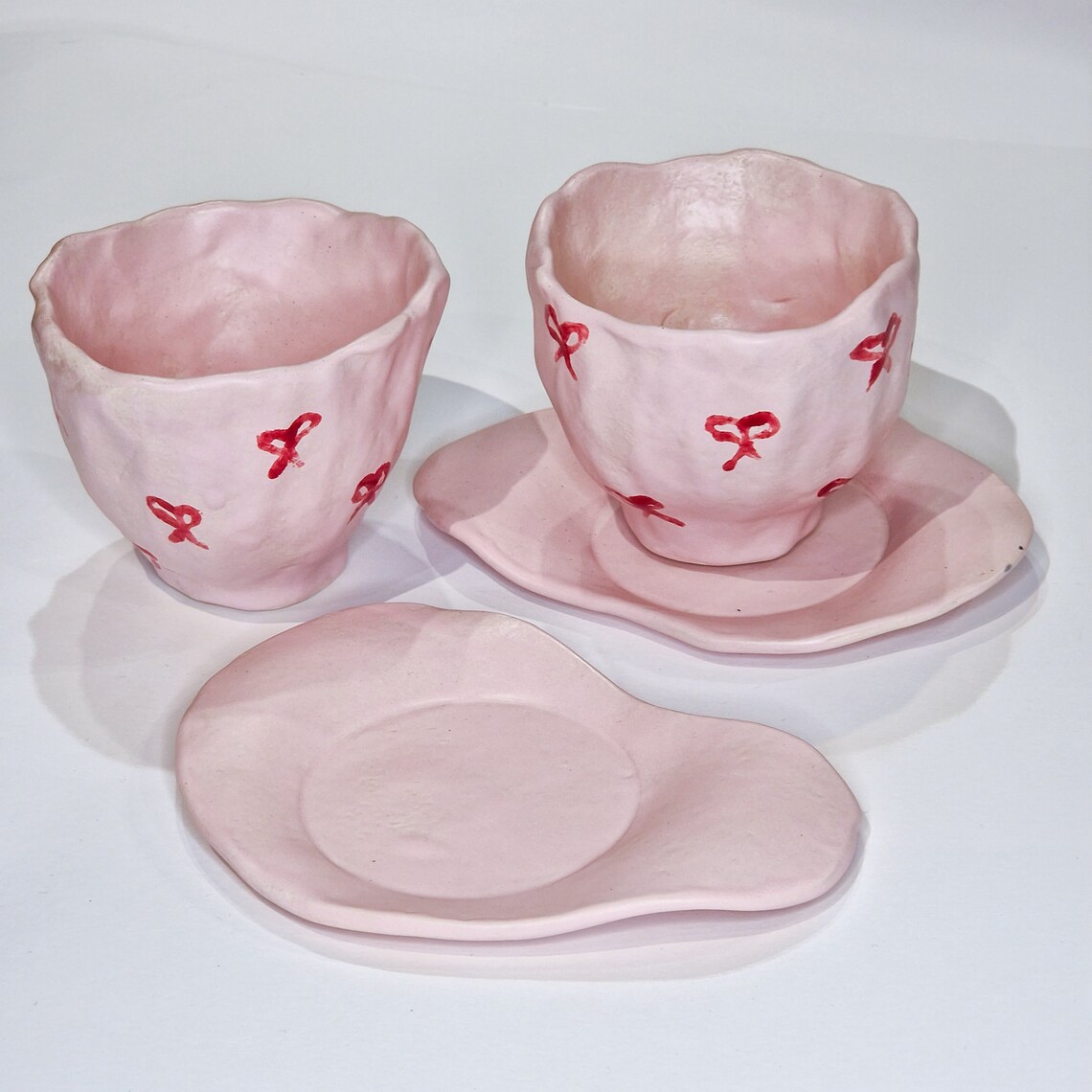 Mug With Bows, Mug and Plate Set, Pink Mug, Ink Cup, Cup With Bows