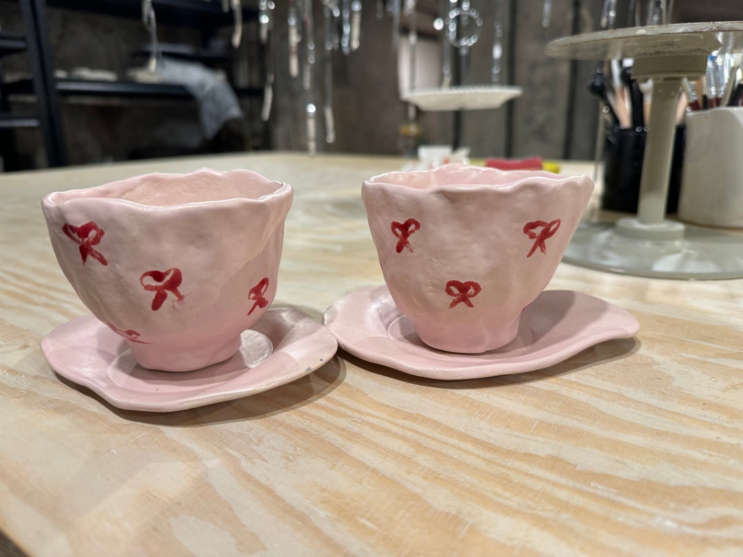 Mug With Bows, Mug and Plate Set, Pink Mug, Ink Cup, Cup With Bows