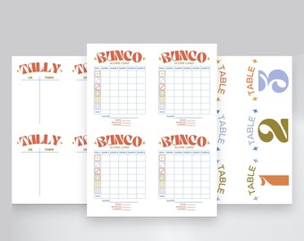 Może przedstawiać: Cztery drukowane karty punktacji do gry w Bunco. Każda karta zawiera siatkę do rejestrowania wyników dla sześciu rund gry. Karty są ozdobione czcionką w stylu retro i kolorowymi gwiazdami.
