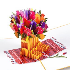Tulip Bouquet Pop-Up Card: Gardening Boots Flower Pot, 5x7&quot;