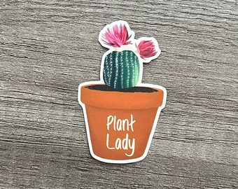 Plant Lady Sticker - Hand-Drawn Cactus Design with Pink Flowers, Vinyl, Matte Finish